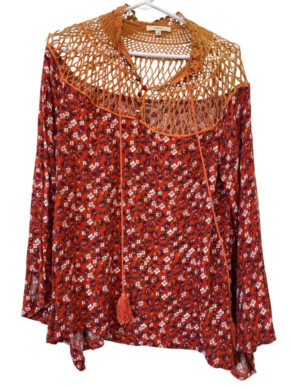 Easel Top Small Floral Crochet Neck Tassel Tie Long Sleeve Orange Red Bohemian